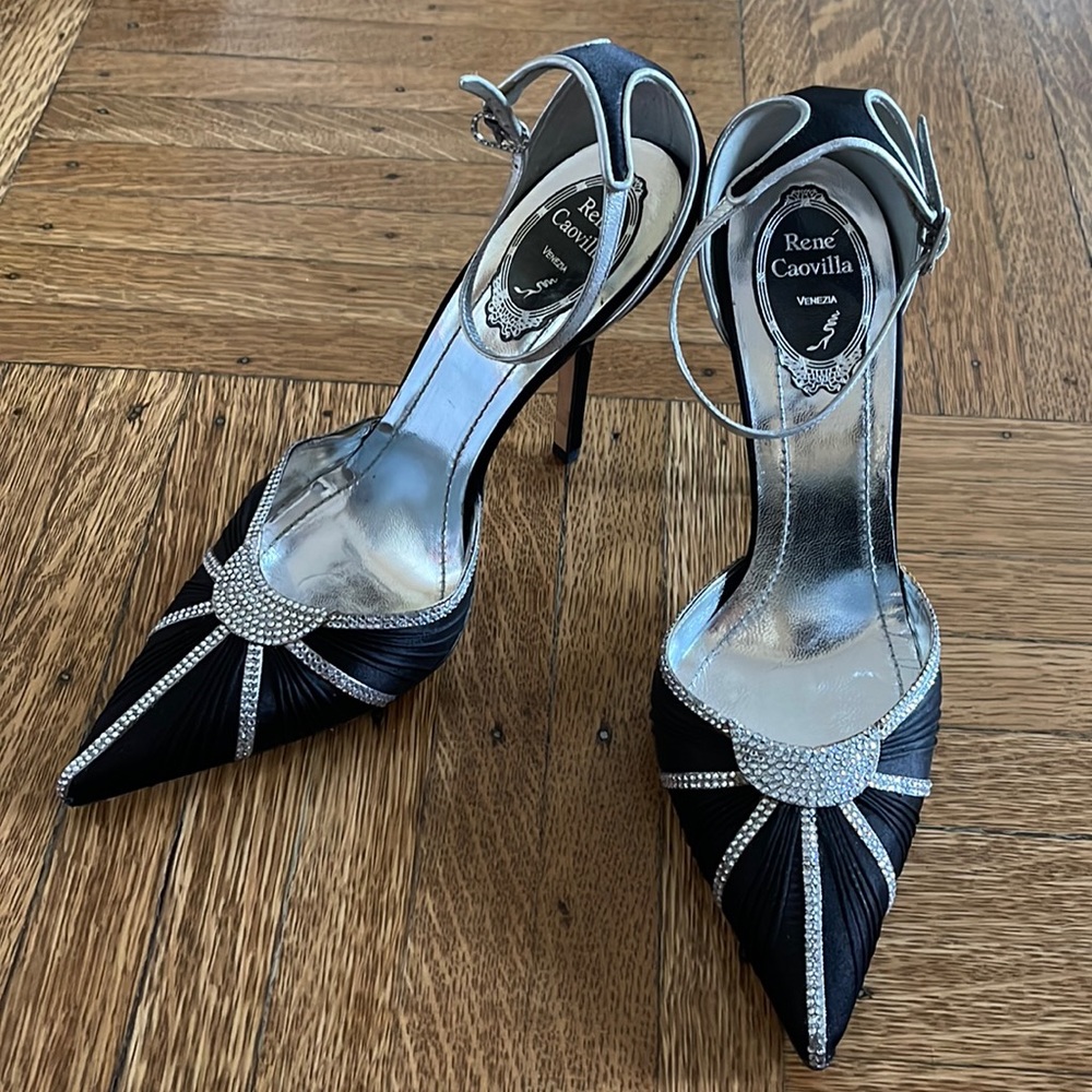 Rene Caovilla Black Satin Heels